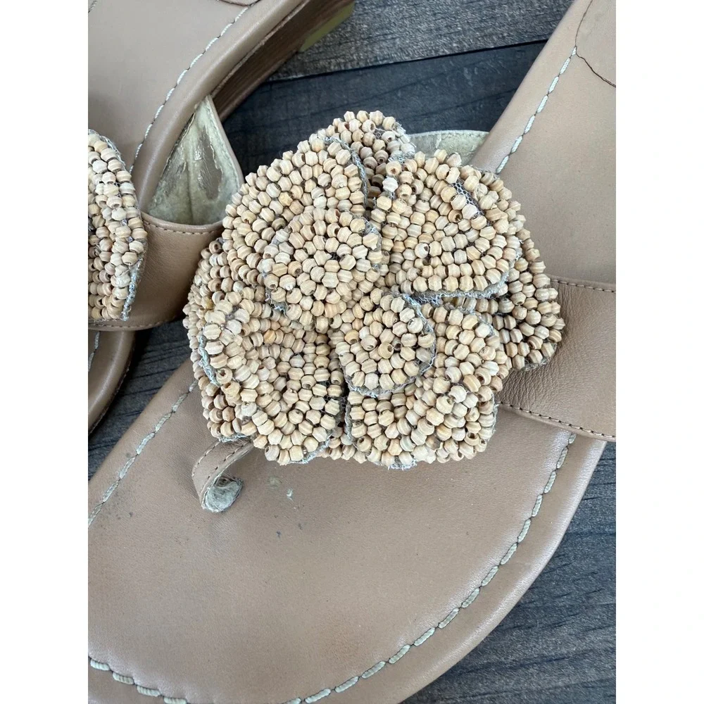 Stuart Weitzman Beaded Flower Thong Wedge Sandals Tan Leather Size 6M